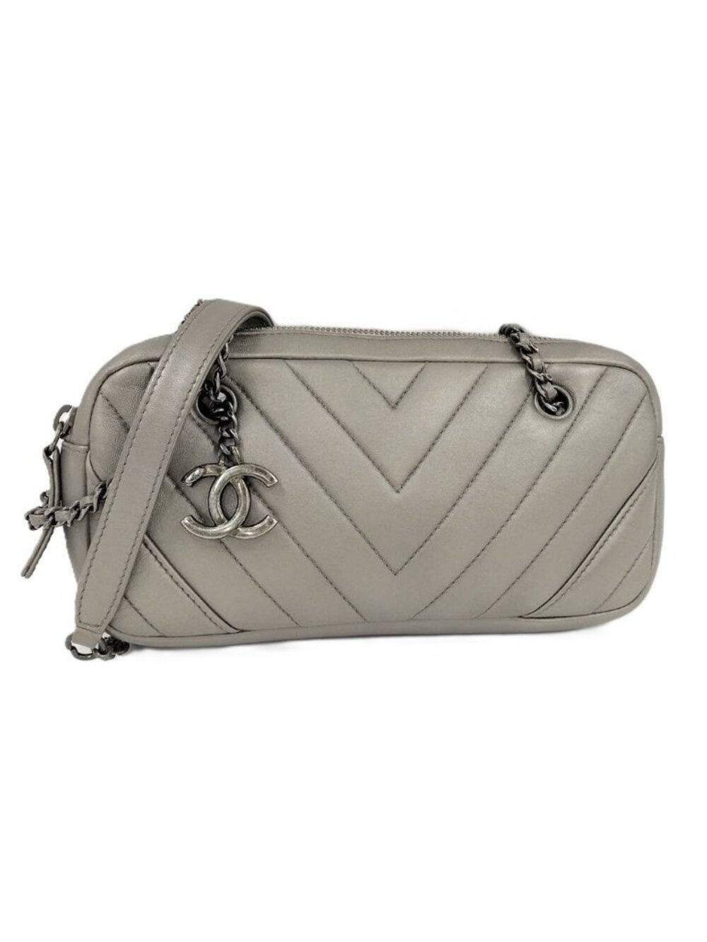 Chanel Chevron Shoulder Bag V-stitch Leather Gray